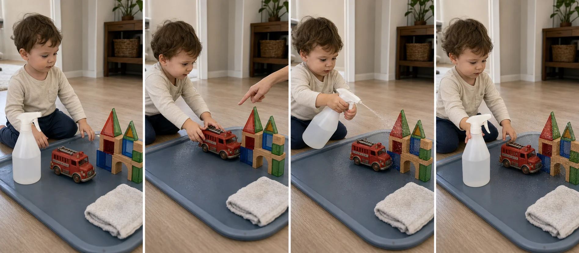Four panels showing a toy truck parked by a small block building, a grown-up saying the building is on fire, a toddler spraying the building with a bottle, and the truck and bottle reset for another rescue.