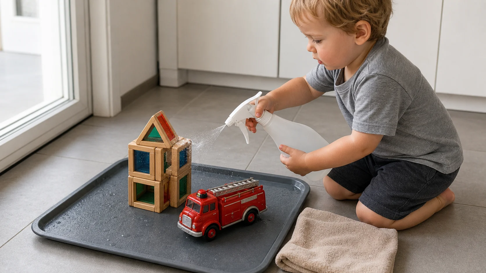 A toddler spraying a small block building with a water bottle while a toy firetruck sits beside it on a washable play surface.