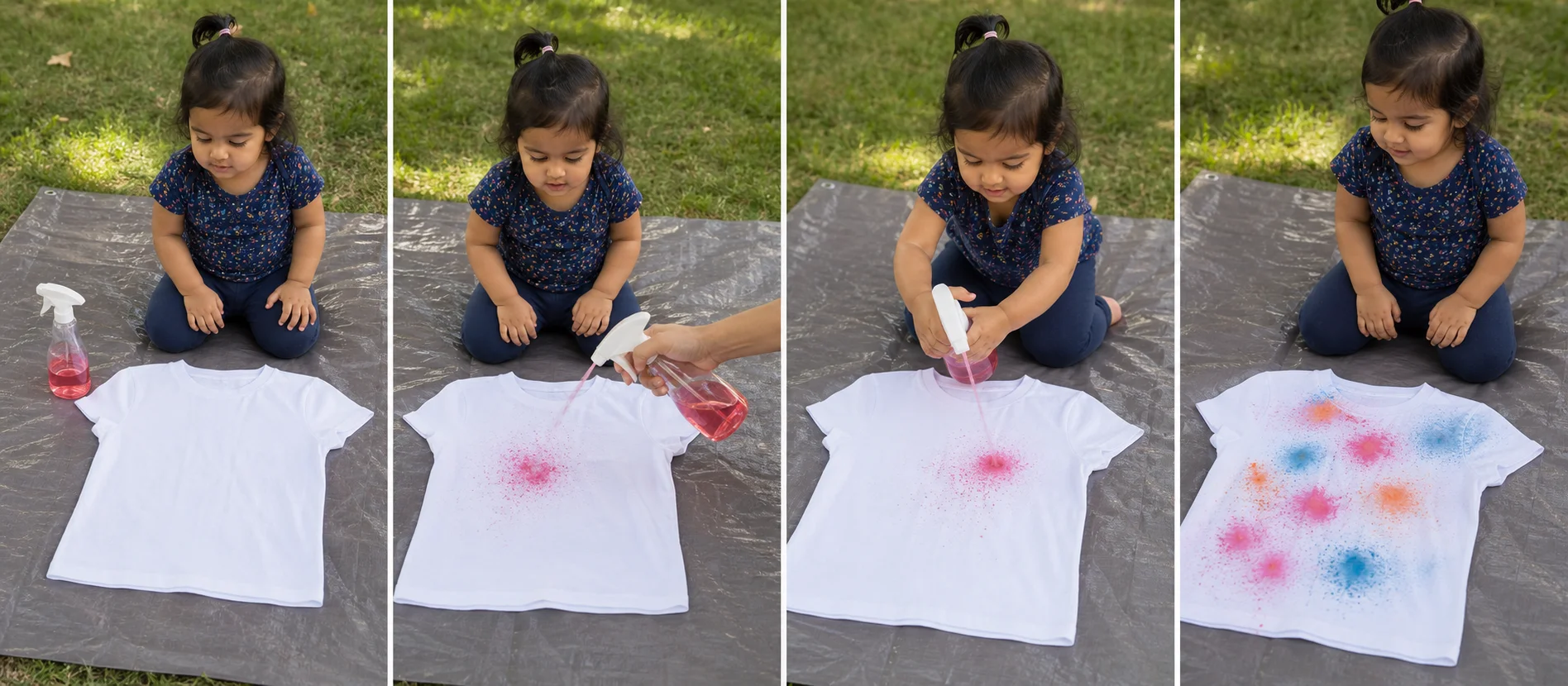 Four panels showing colored water in a spray bottle, a white shirt on grass, a child spraying the fabric, and new color spots spreading across the shirt.