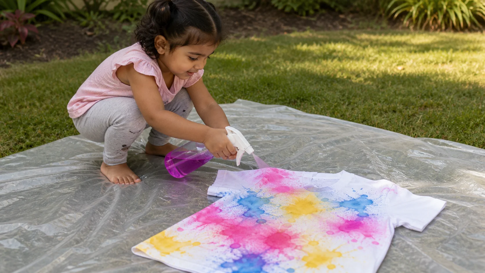 A toddler spraying colored water from a bottle onto a white shirt spread on the grass.