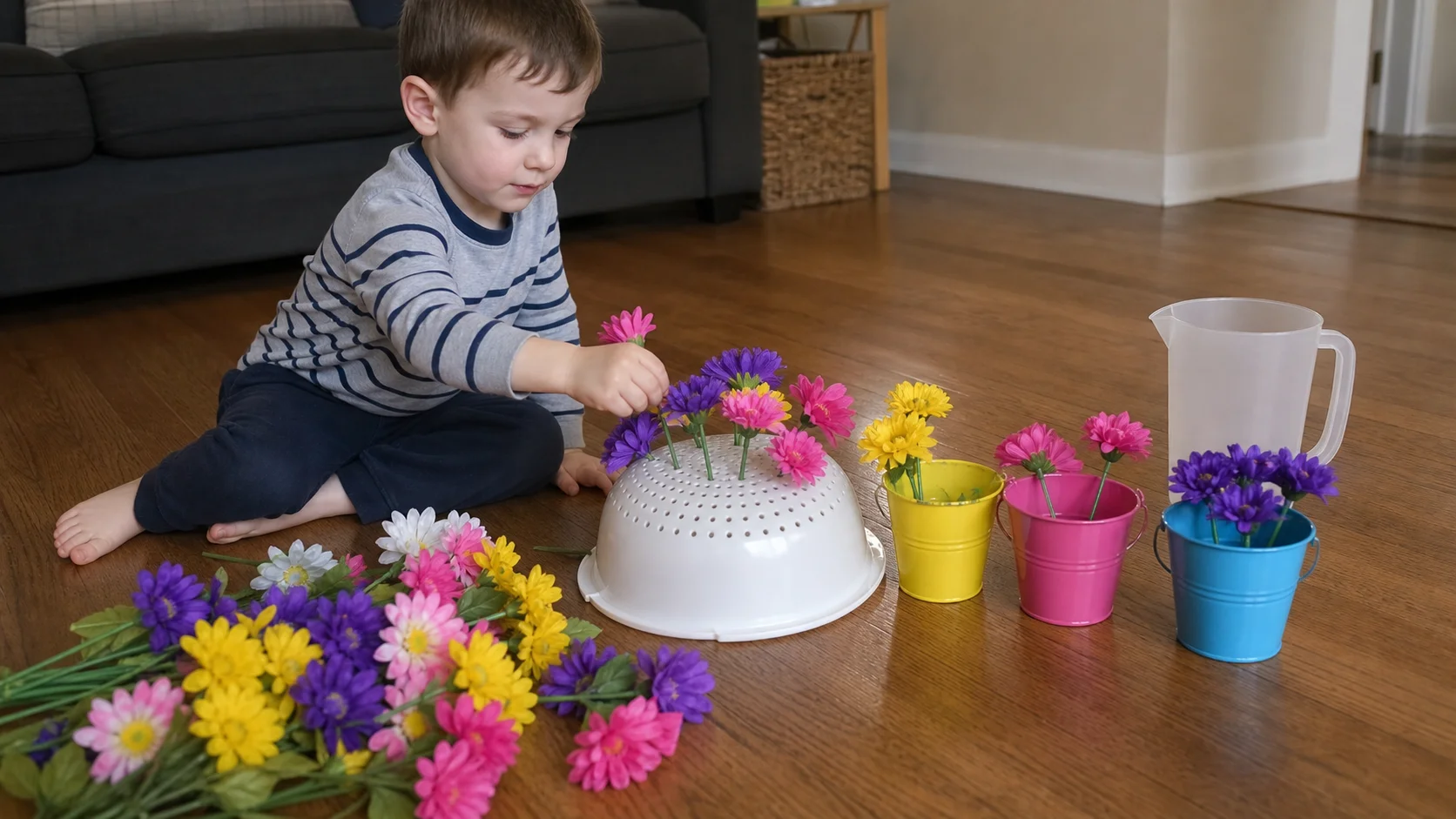 A child drops fake flowers into small buckets and a colander while a grown-up sits nearby at a low table.