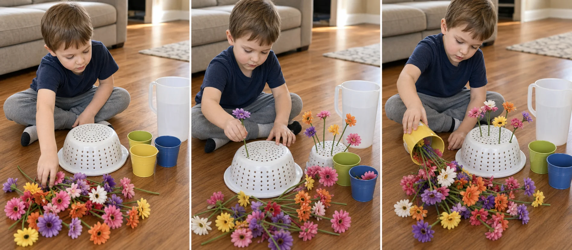 Four panels show fake flowers and containers set out, a grown-up modeling one flower drop, a child sorting flowers into buckets and a colander, and the flowers dumped back out for another round.