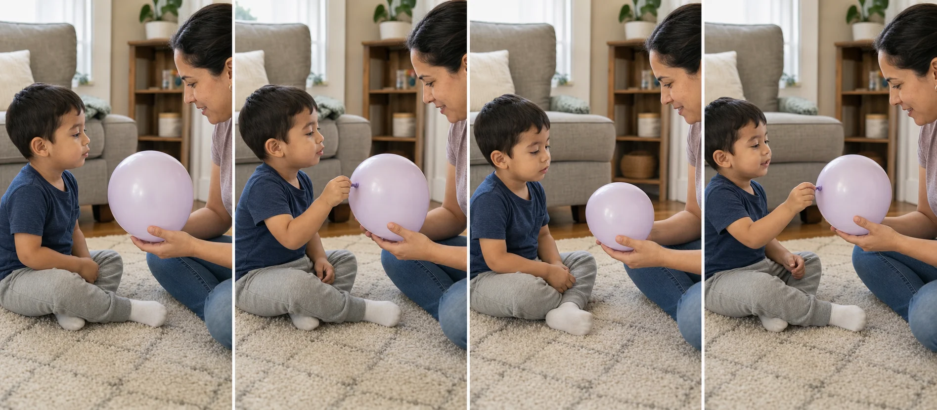 Four panels show a grown-up holding a balloon, a toddler pinching the neck for a tiny squeak, the balloon shrinking a little, and the child choosing more or all done.