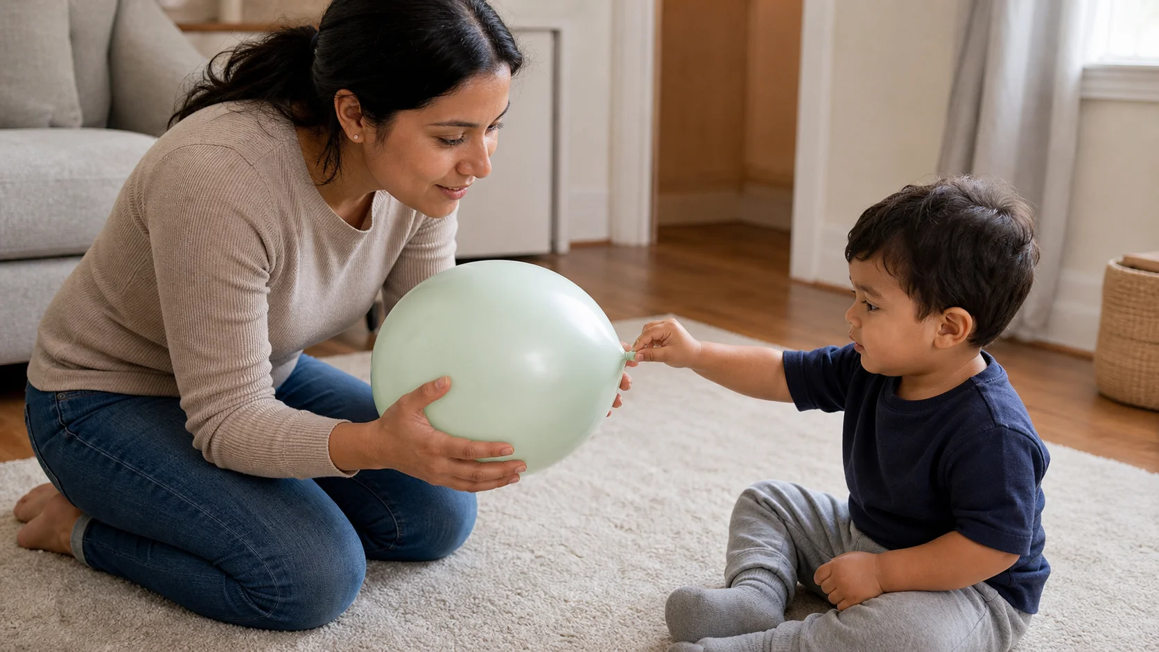 A grown-up holds a balloon low in front of a toddler, who pinches the neck for one tiny squeak while both watch the balloon.