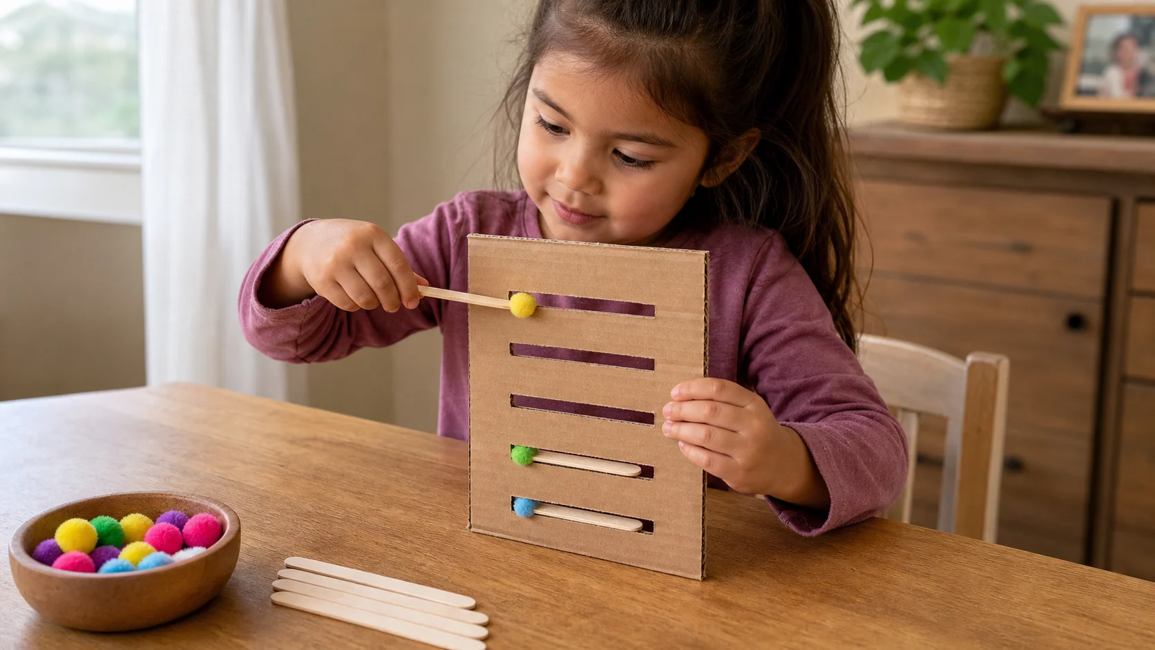 A child loads a pom-pom onto a craft stick and pushes it through a tight slit in a cardboard board while a grown-up steadies the board nearby.