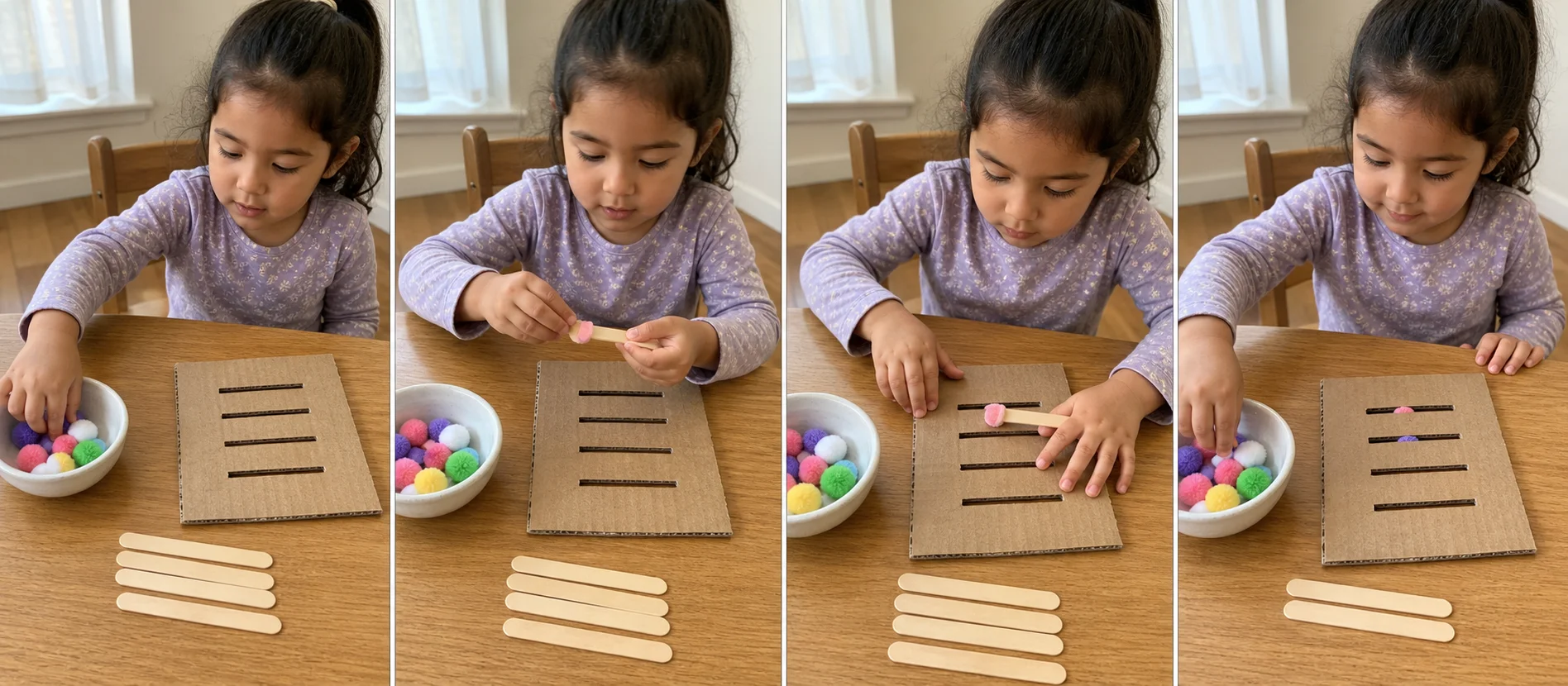 A multi-panel play sequence shows pom-poms and craft sticks beside a slit cardboard board, a child loading one pom-pom onto a stick, pushing it through a slit, and starting another turn.