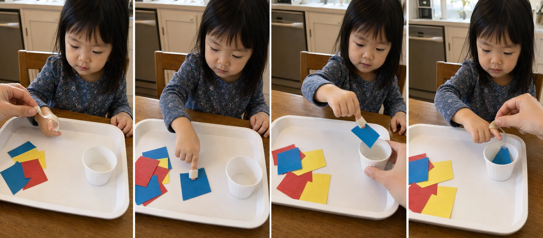 Three-panel sequence showing a child tap a paper scrap with a sticky fingertip, carry it to a cup, and release it.