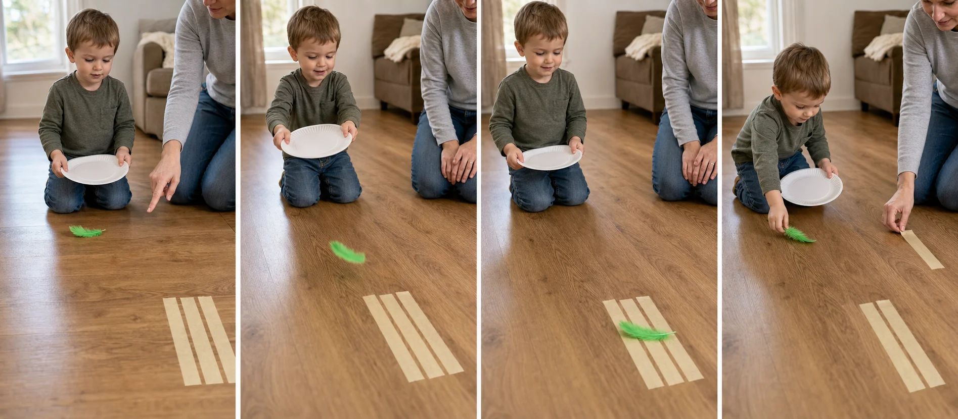 Sequence showing masking tape on the floor, a child waving a paper plate with both hands, the feather landing on the tape, and the child peeling it free to reset.