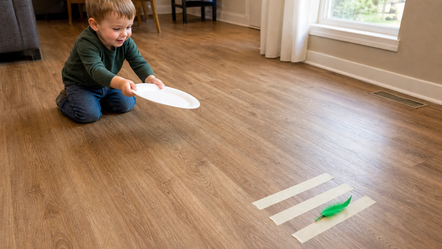 Toddler kneeling on the floor and waving a paper plate so a feather drifts toward a sticky masking-tape landing pad.