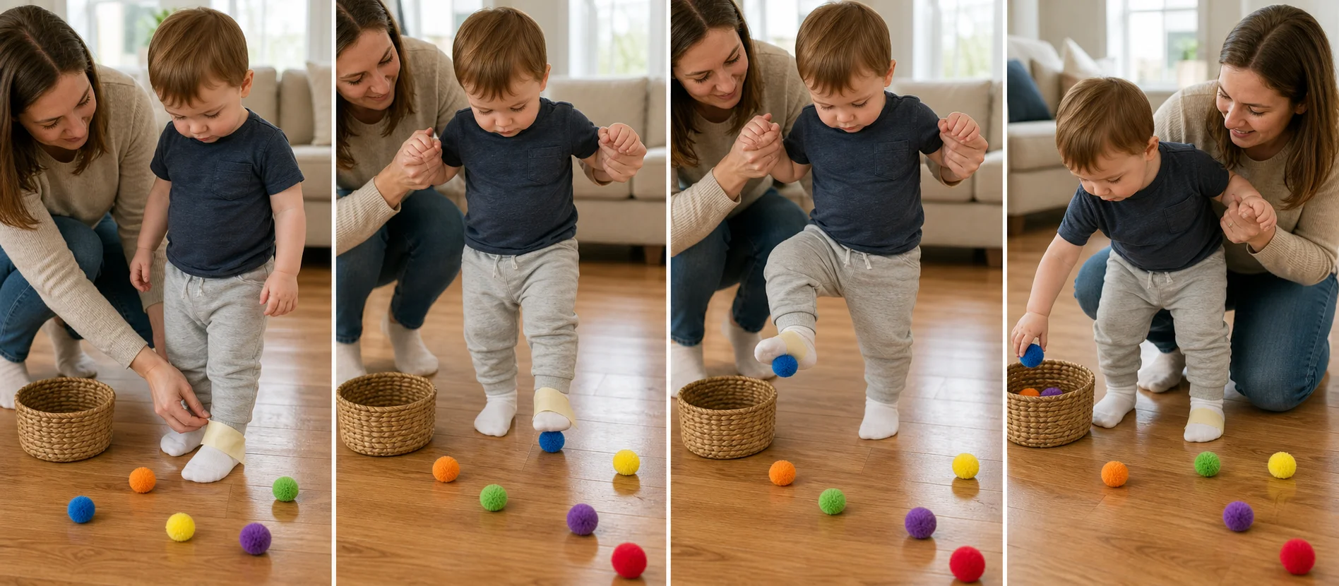 Four panels show pom-poms and a basket on the floor, a grown-up wrapping tape over a stocking foot, a toddler lifting a stuck pom-pom, and the child peeling it off into the basket.