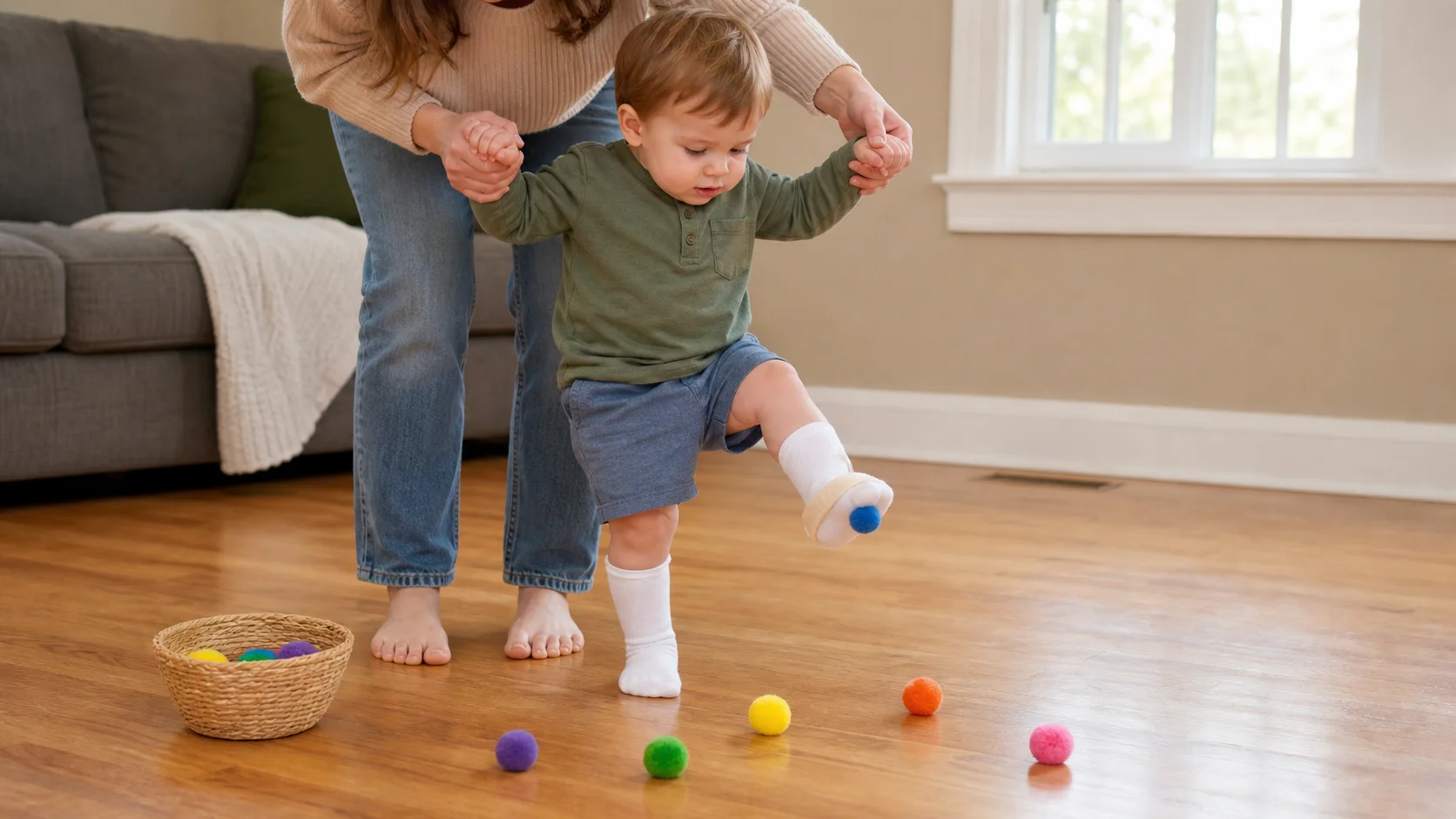 A toddler steps onto a pom-pom with a taped stocking foot while a grown-up holds both hands beside a basket on the floor.