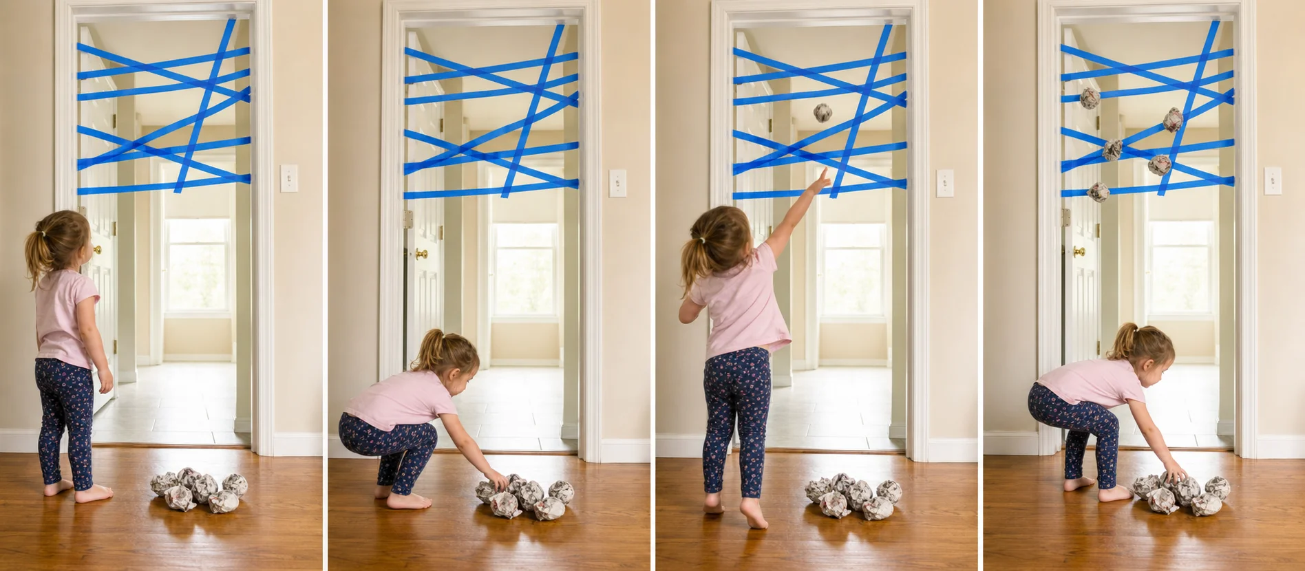 A three-panel play sequence showing a child picking up a crumpled newspaper ball, throwing it at a tape spider web in a doorway, and checking whether it stuck.