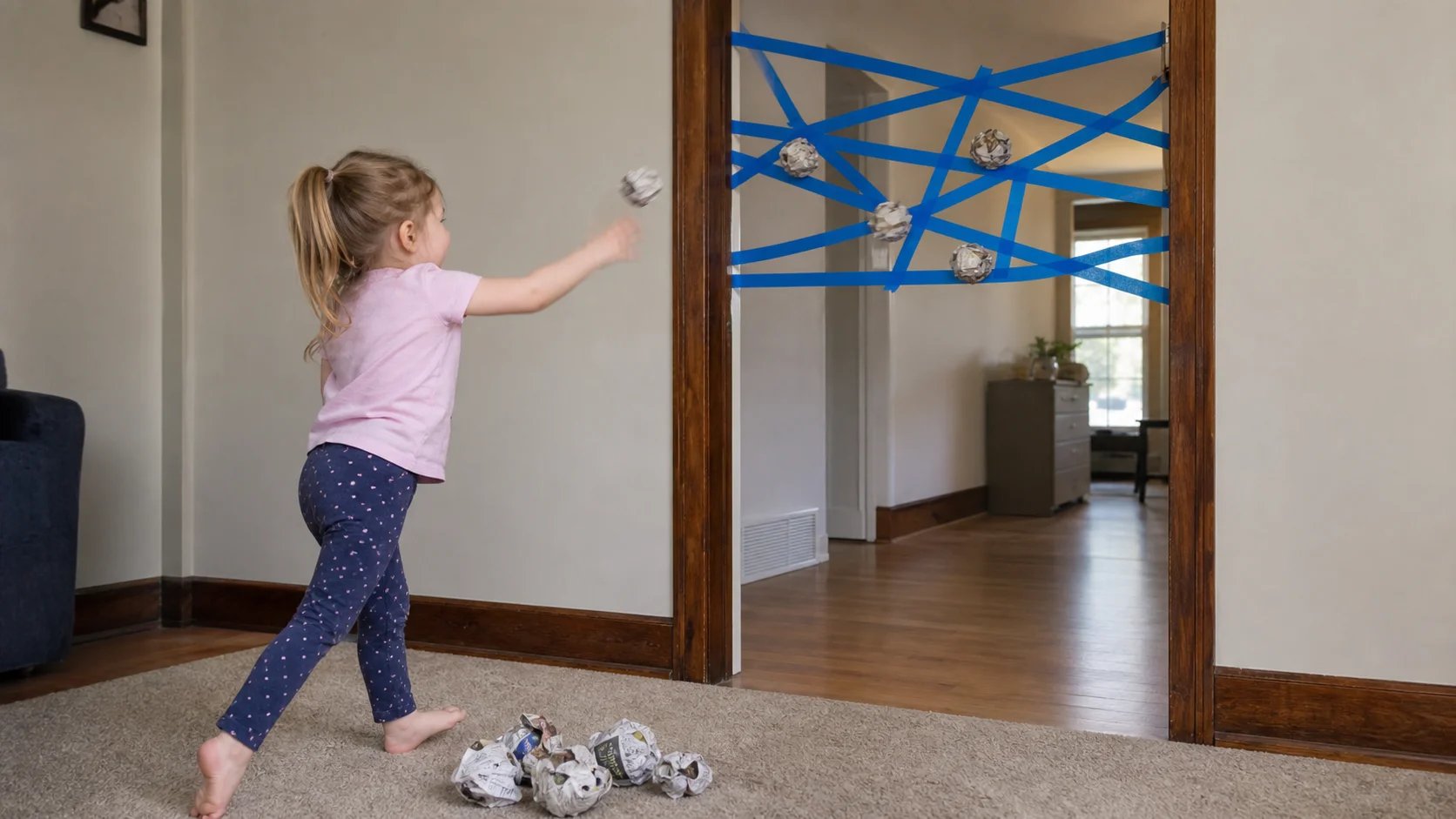 A young child throws a crumpled newspaper ball toward a painter's tape spider web stretched across the top half of a doorway.