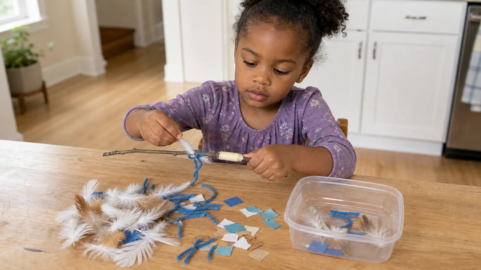 A child holds a taped twig over a table, peels feathers and yarn off the sticky end, and drops them into a plastic container while a grown-up sits nearby.