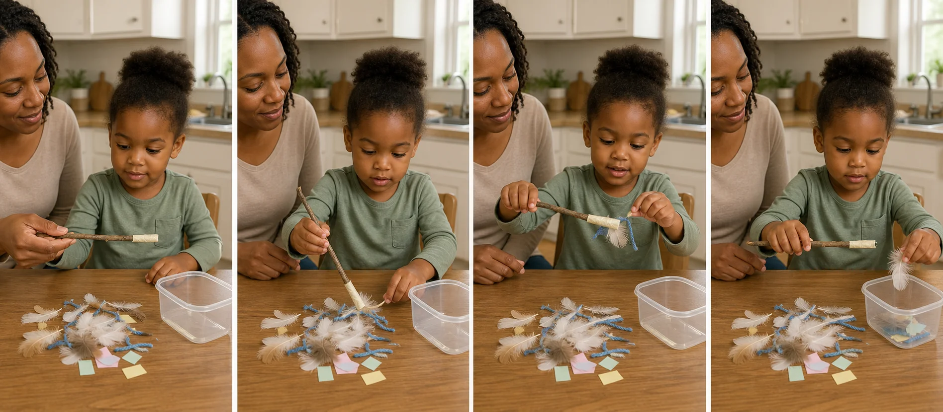 A multi-panel play sequence showing a taped twig touching feathers and paper pieces, lifting them from the table, peeling them off, and dropping them into a container nest.
