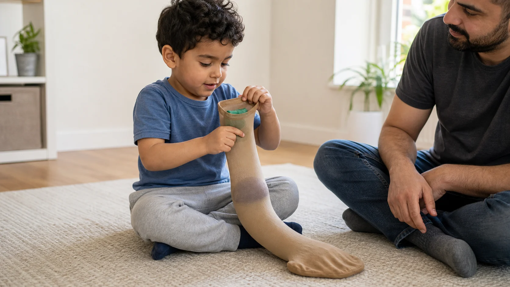 A child sits at a table, holds the top of a stocking with one hand, and pushes a hidden bean bag toward the opening with the other hand.