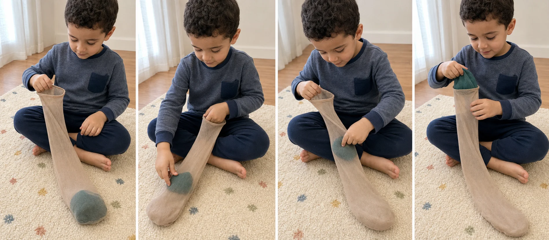 Four panels show a bean bag loaded into a stocking toe, a child holding the top, fingers pushing the hidden lump upward, and the bean bag pulled out at the opening.
