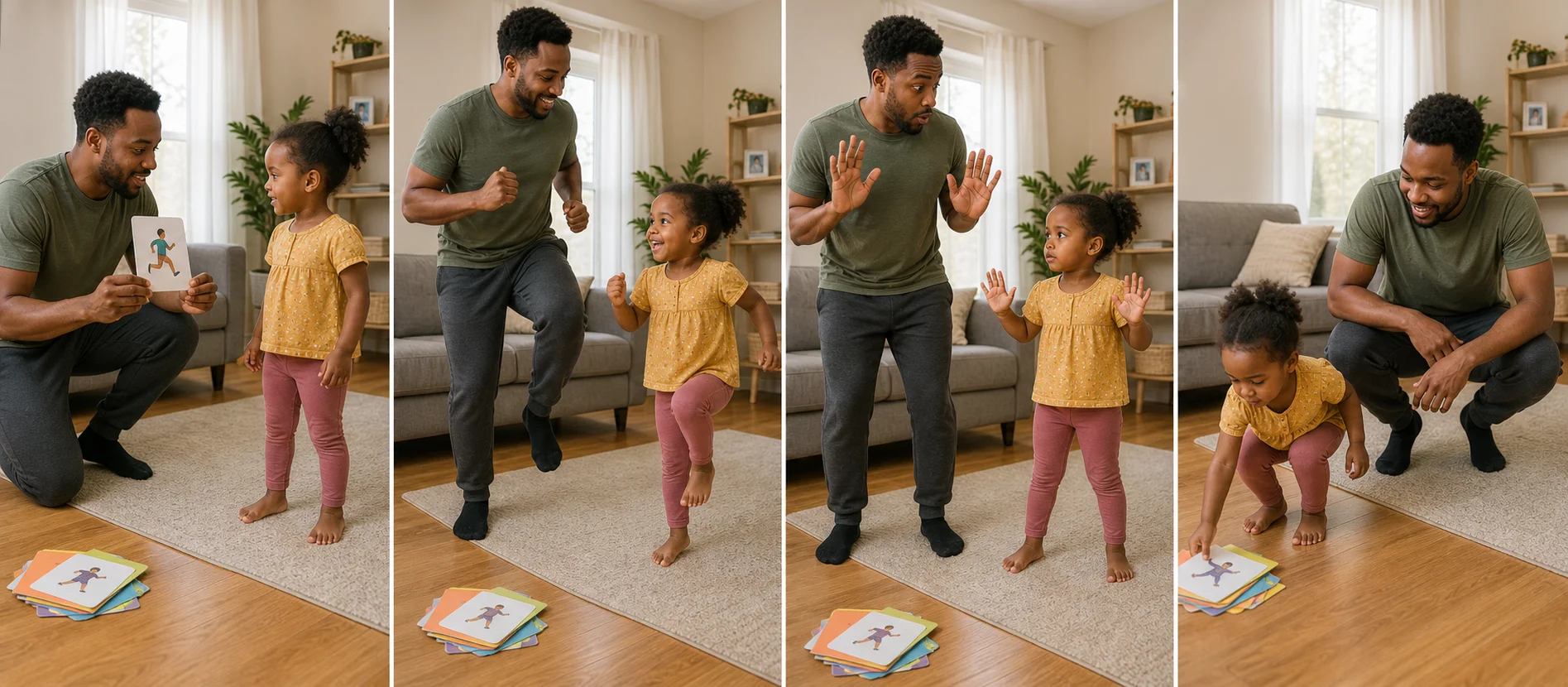 Four panels showing a grown-up choosing a simple movement, both players moving on go, freezing on stop, and restarting with a new movement.
