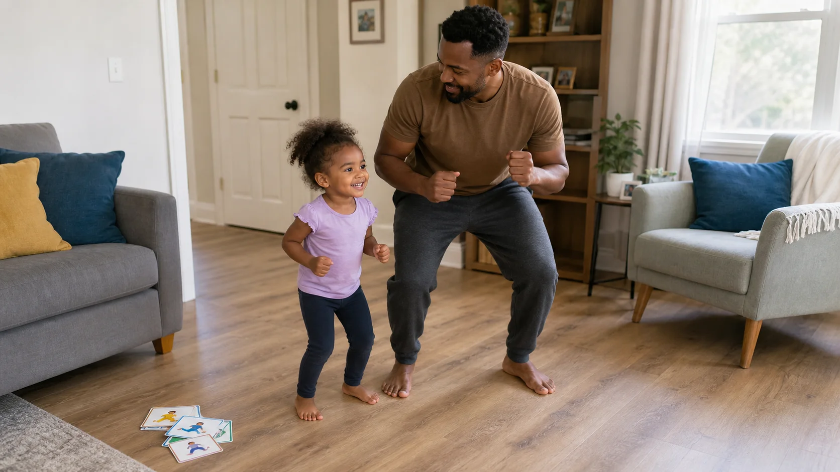 A young child and grown-up standing in an open indoor floor space while the child freezes mid-movement during a stop and go game.