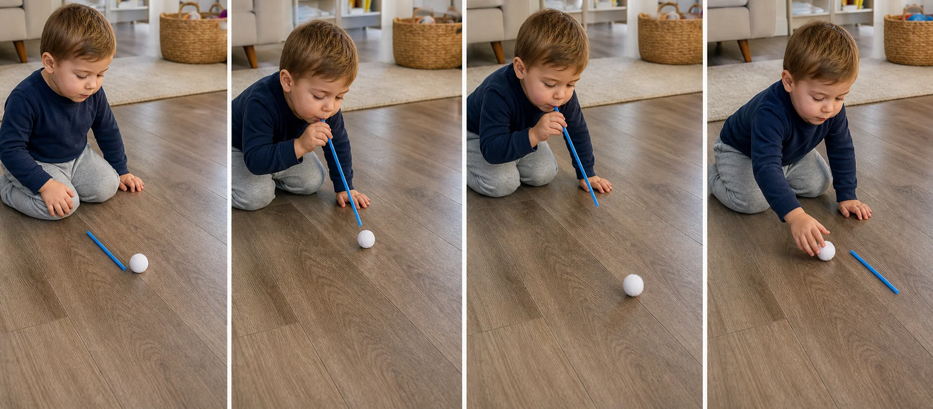 Four panels showing a grown-up setting a ball at the start line, modeling one blow through a straw, a child blowing the ball forward, and the ball being reset for another turn.