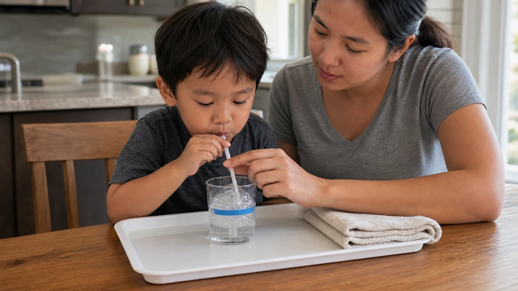 Child blowing bubbles through a straw into a small clear cup while an adult guards the straw and keeps a towel nearby.