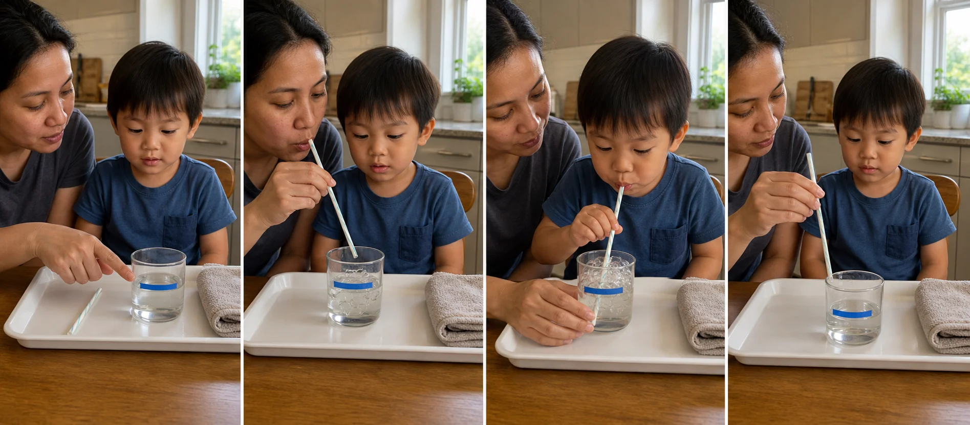 Three-panel sequence showing a marked cup of shallow water, a child making bubbles with a straw, and the straw lifted out while water settles.