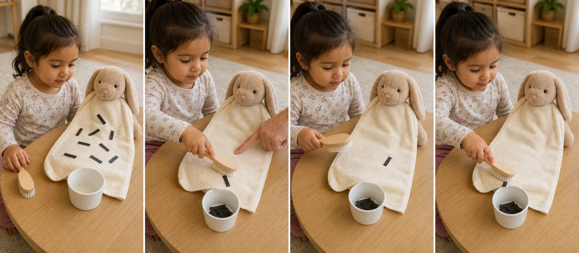 Sequence showing paper strips on a toy towel, a child brushing them toward a done cup, checking for leftovers, and resetting the toy for another round.
