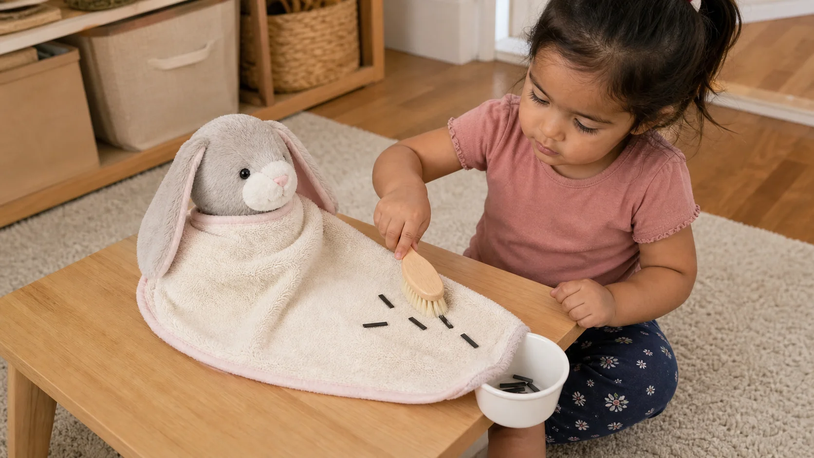 Toddler brushing paper strips off a towel draped over a stuffed toy while a done cup sits at the towel edge.