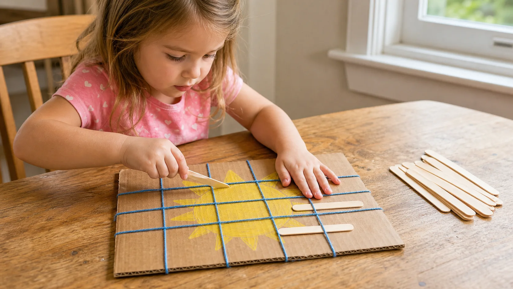 A child holds a cardboard picture steady with one hand and pushes a craft stick through taut yarn on a table.