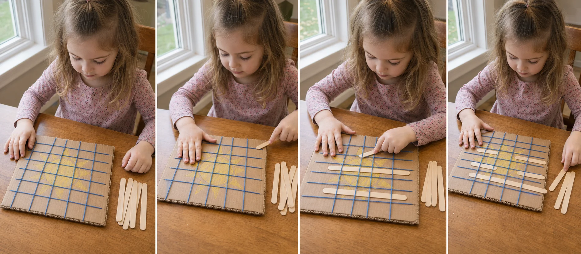 Four panels show a grown-up making a cardboard picture board with taut yarn, a child holding the board steady, the child pushing craft sticks through different gaps, and the sticks filling the picture.