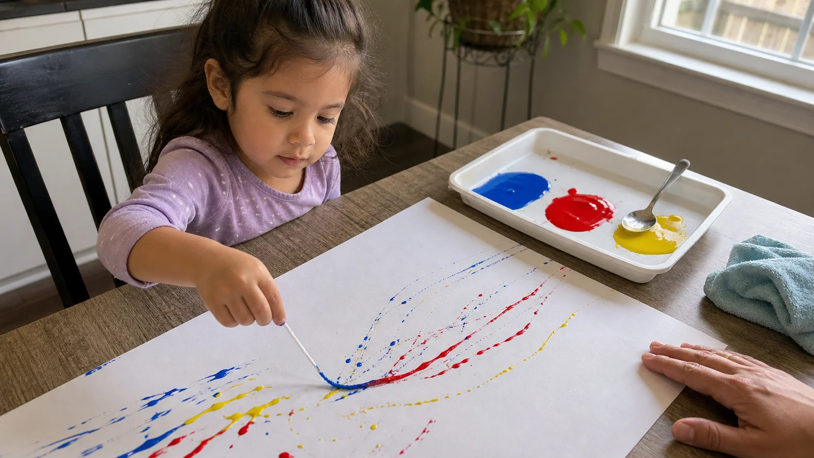 Child pulling the dry end of a paint-coated string across paper while a grown-up keeps the tray nearby.