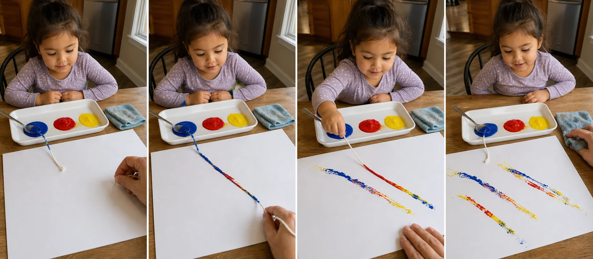 Three-panel sequence showing string loaded in paint, pulled across paper, and reloaded for another trail.