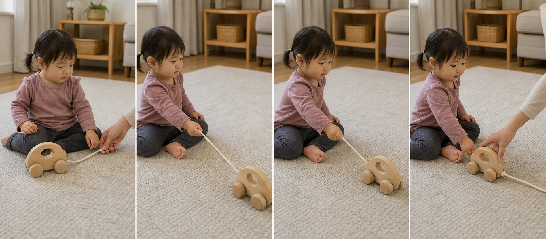 Multi-panel sequence showing a toy set a short distance away, a toddler pulling the string, the toy returning close, and the next reset.