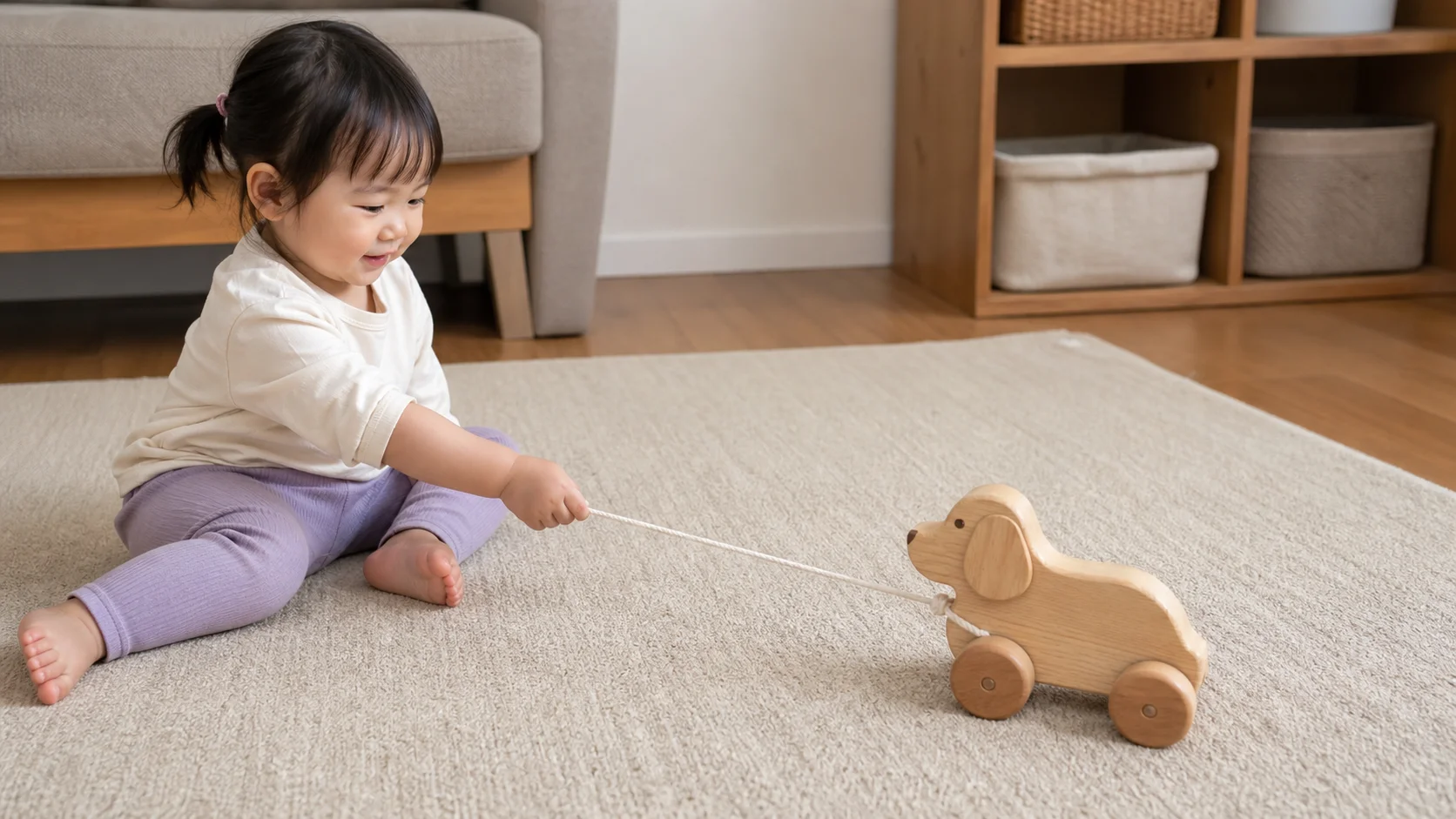 Toddler sitting on the floor pulling a large light toy back by a short string.