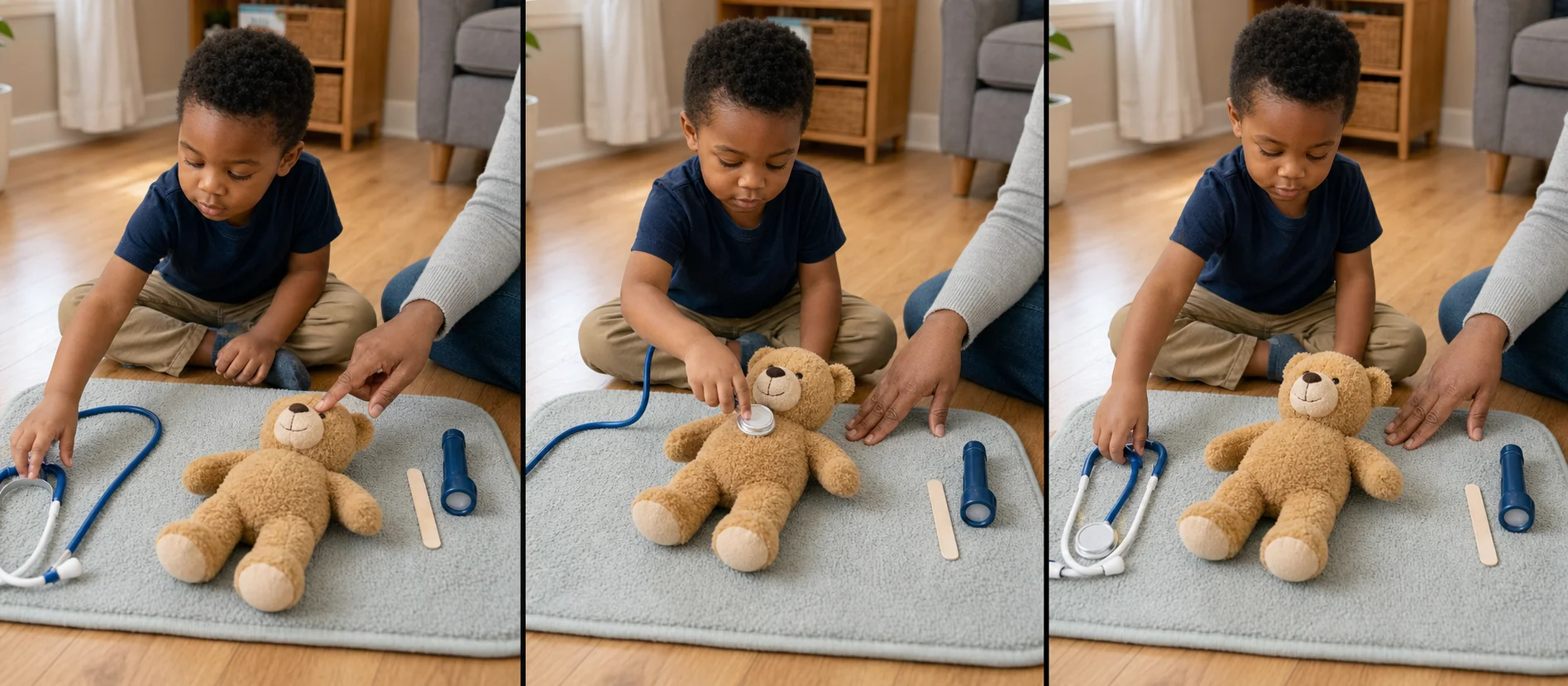 Three-panel sequence showing a child choosing a doctor tool, checking a stuffed animal, and placing the tool on the done spot.