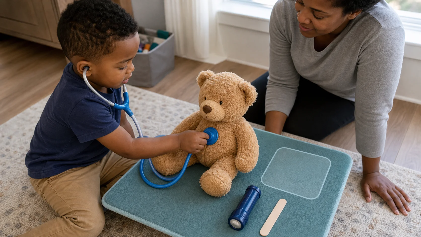 Child using a toy stethoscope on a stuffed animal while doctor tools rest on a clear reset spot.