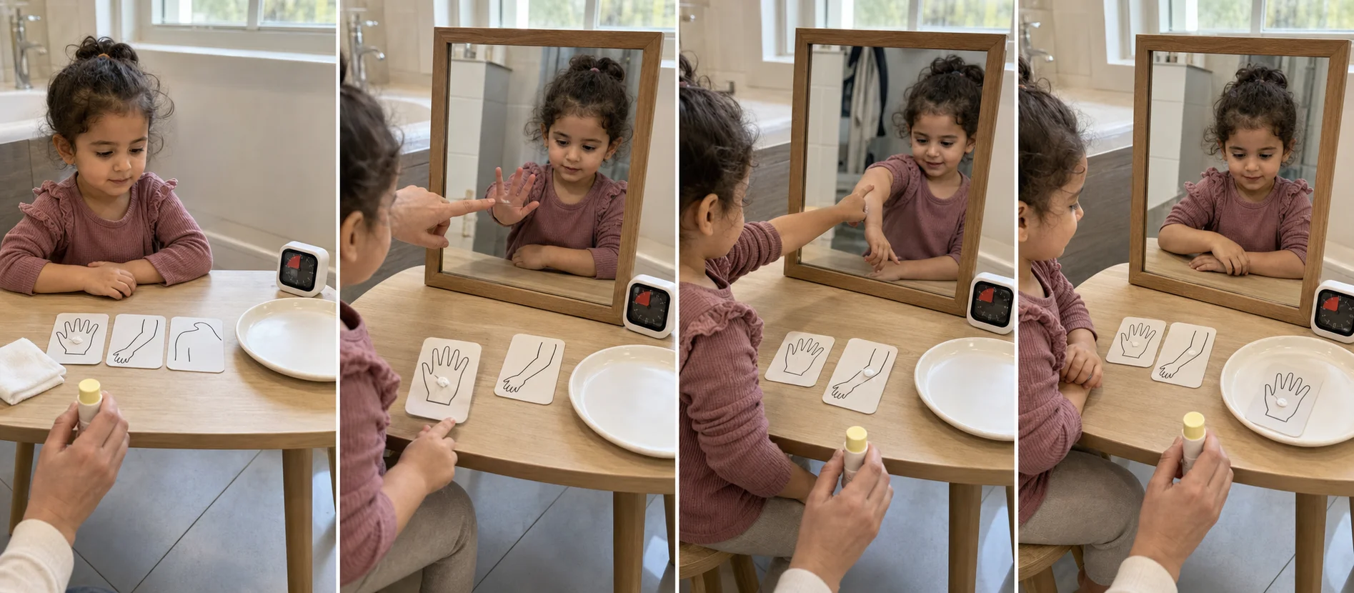 Three-panel sequence showing a child choosing a body-spot card, finding the spot in a mirror, and moving the finished card to a done tray.