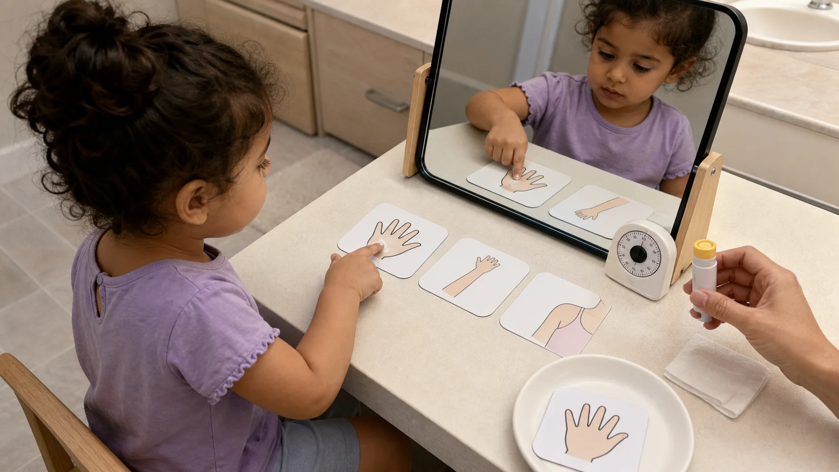 Child in front of a mirror moving a body-spot card to a done tray after one tiny sunscreen swipe.