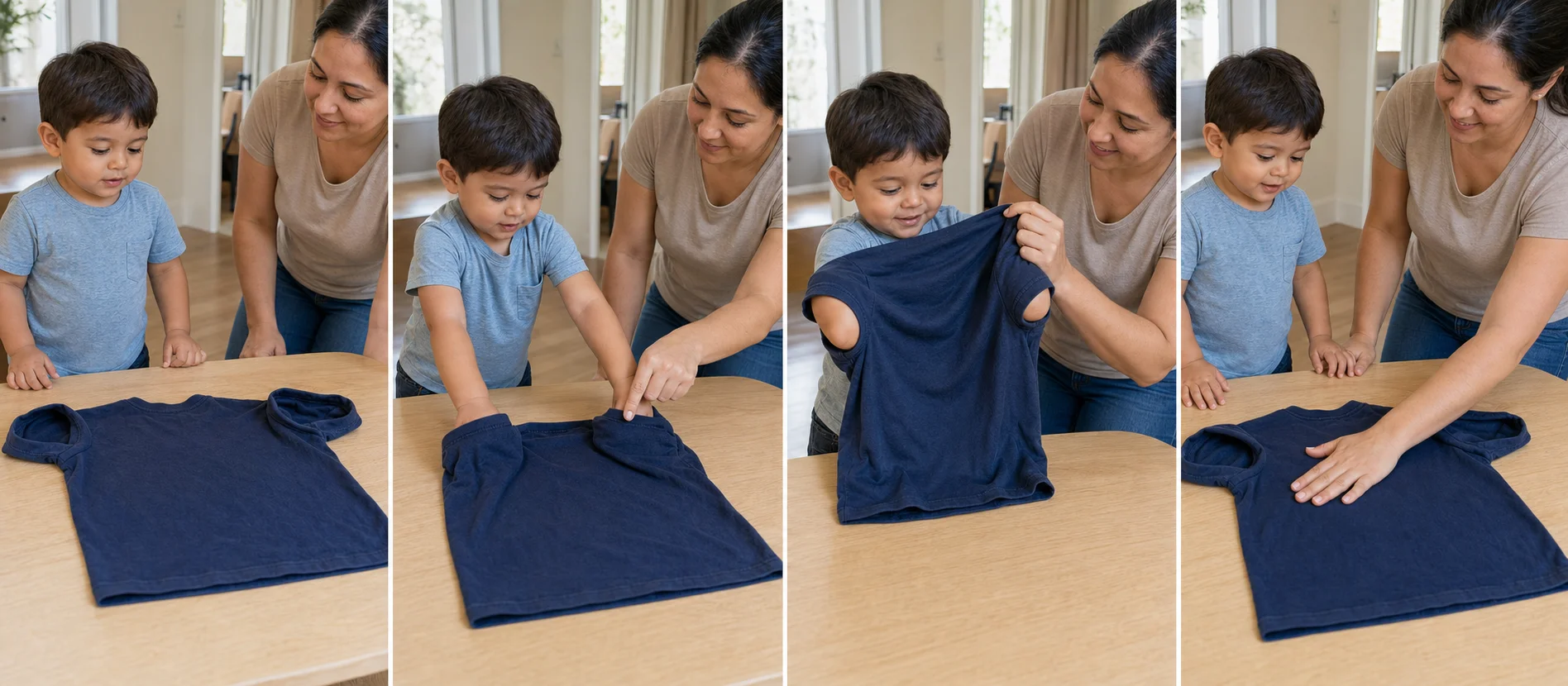 A multi-panel sequence showing a child finding both sleeves, lifting the shirt toward the head, and pulling it off for another turn.