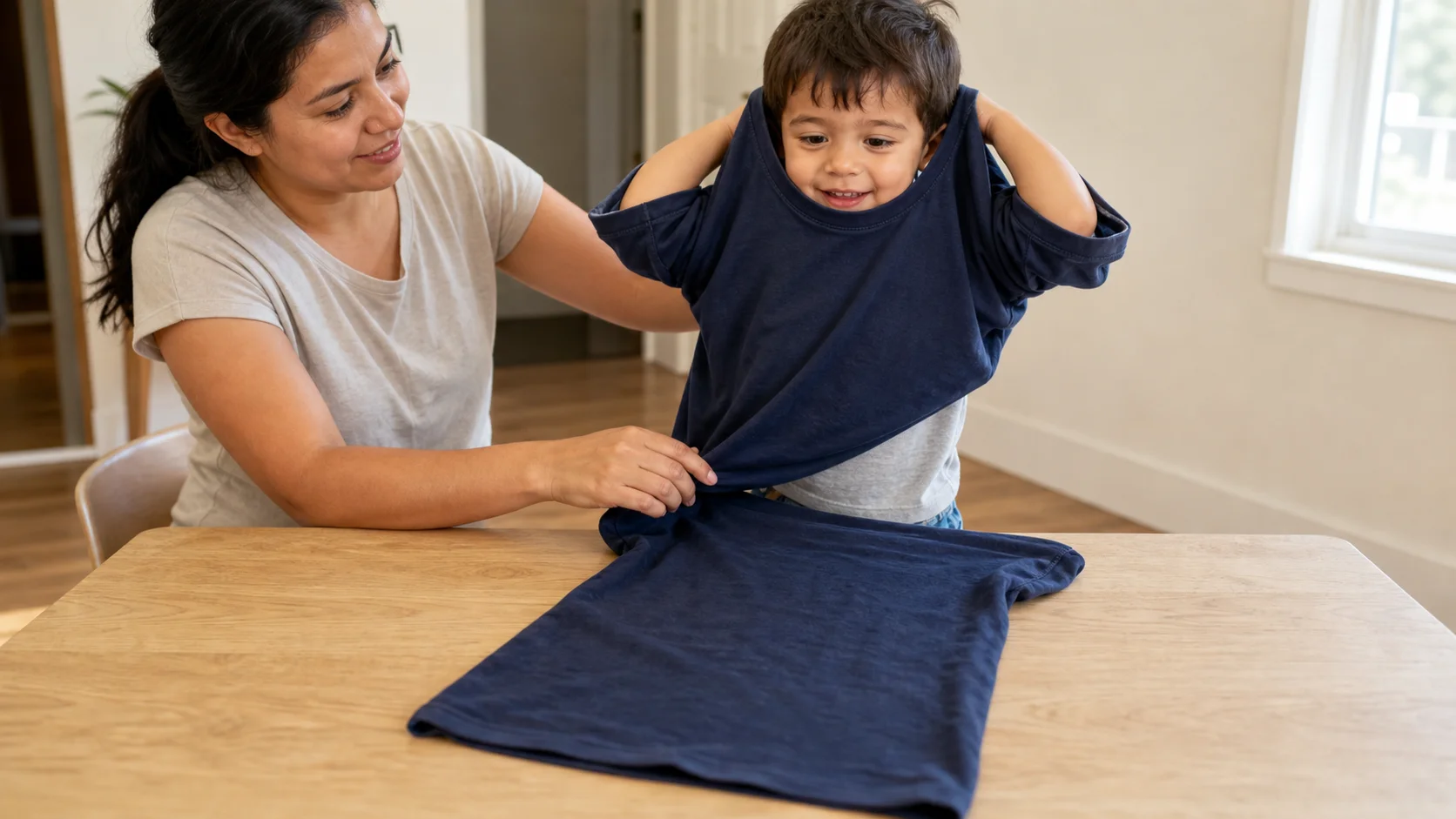 A toddler at a table pushing both arms into the sleeves of a loose T-shirt while a grown-up points to the sleeve openings.