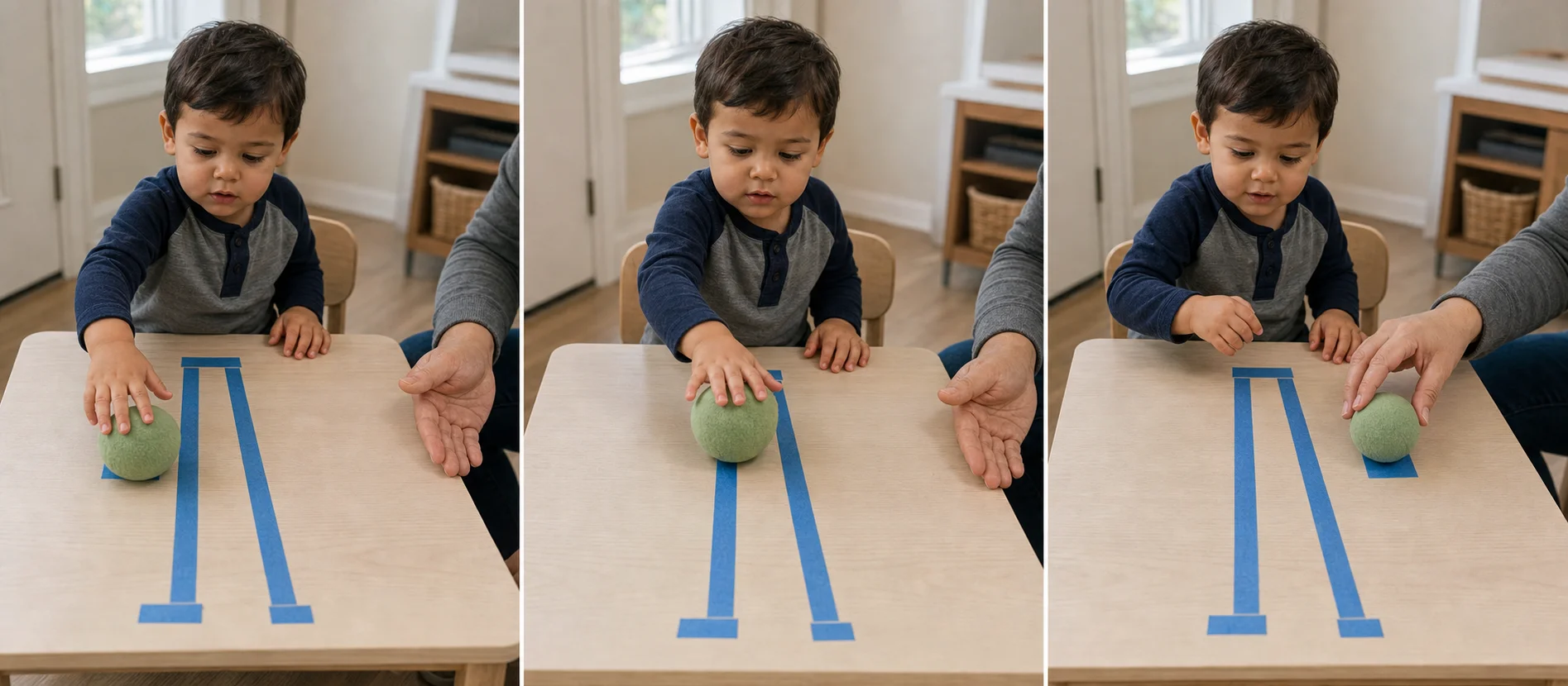 Three-panel sequence showing a ball placed on the start mark, rolled through the tape lane, and reset for another turn.