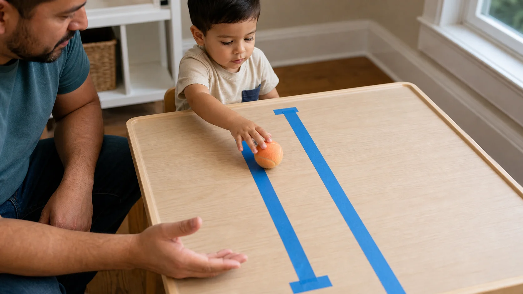 Child rolling a soft ball along a painter's tape lane on a table while a grown-up sits nearby.
