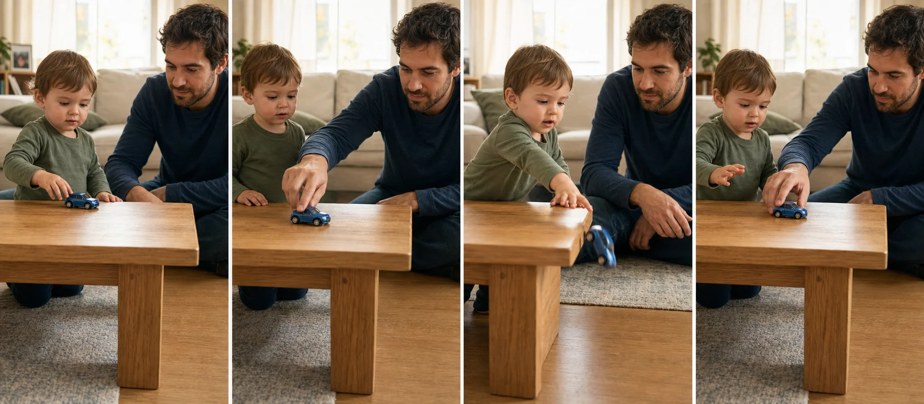 Four panels showing a toy car placed on a low table, a grown-up modeling one push, a toddler sending the car off the edge, and the car being reset for another turn.