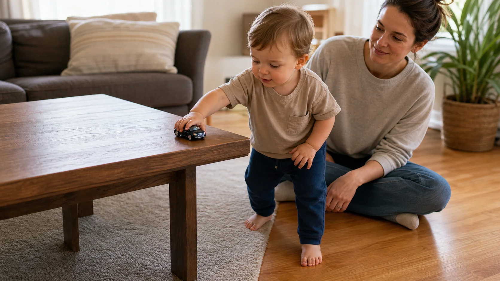 A toddler standing at a low table pushing a toy car toward the edge while a grown-up stays close beside them.