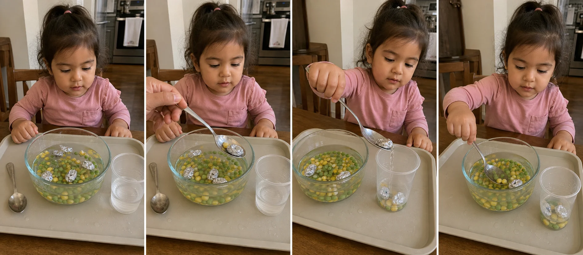 Four panels show a bowl with water and rescue pieces, a clear cup beside it, a grown-up modeling one rescue, and a toddler moving the next piece into the cup.