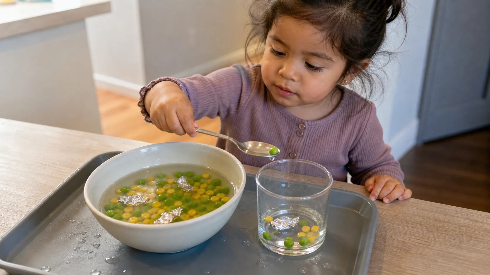 A toddler sits at a low table using a spoon to rescue small peas and foil fish from a bowl of water into a clear cup while a grown-up stays nearby.