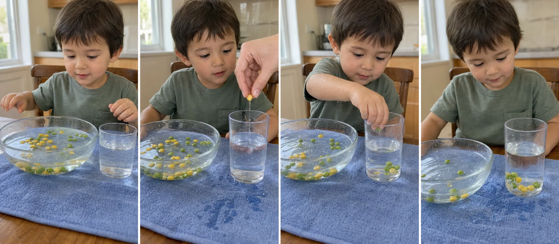 Multi-panel sensory play activity showing a grown-up modeling one rescue, a child dropping pieces into a clear cup, and the bowl reset for another round