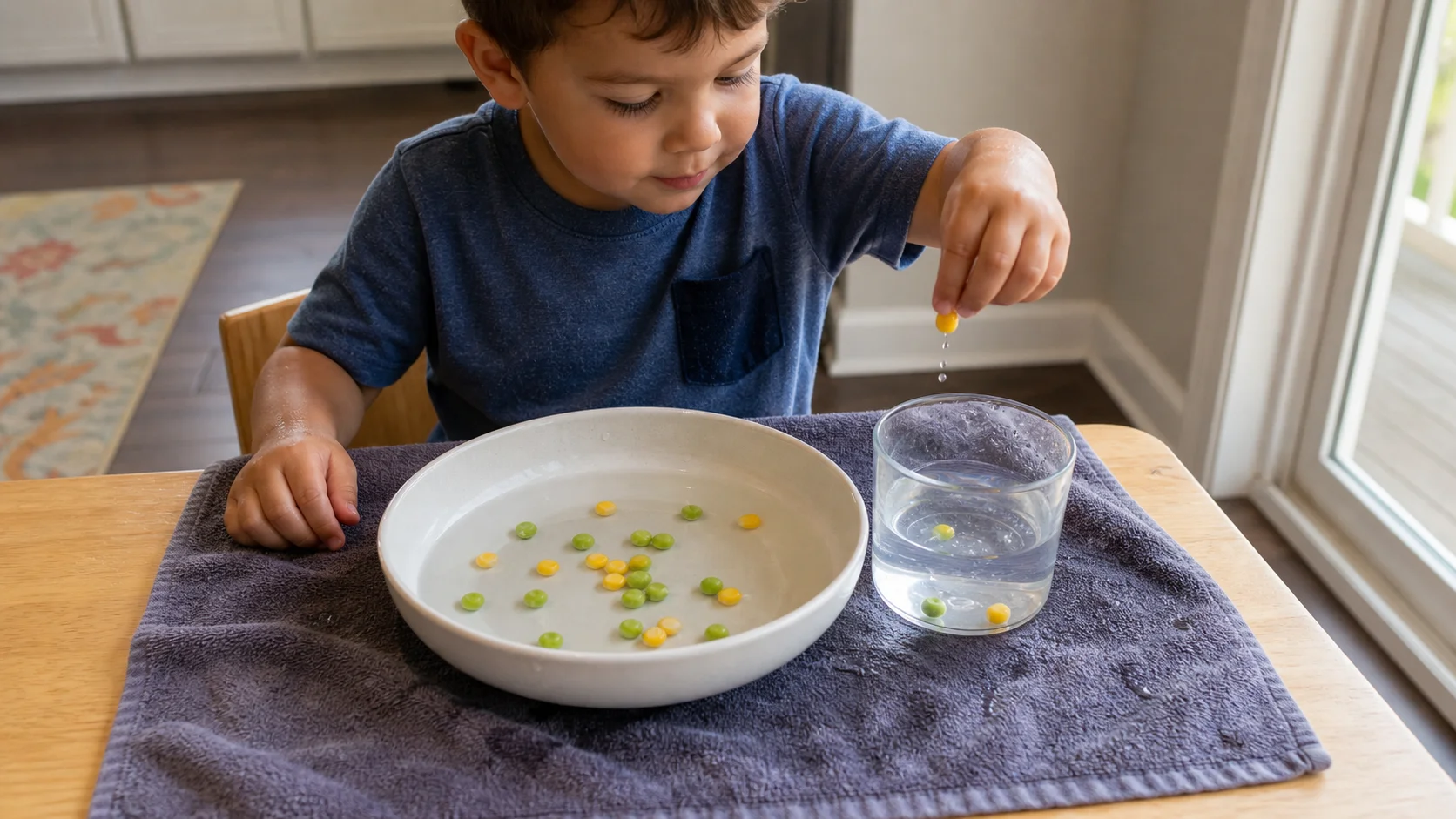 Child rescuing peas and fish pieces from a bowl into a clear cup of water during a sensory play activity