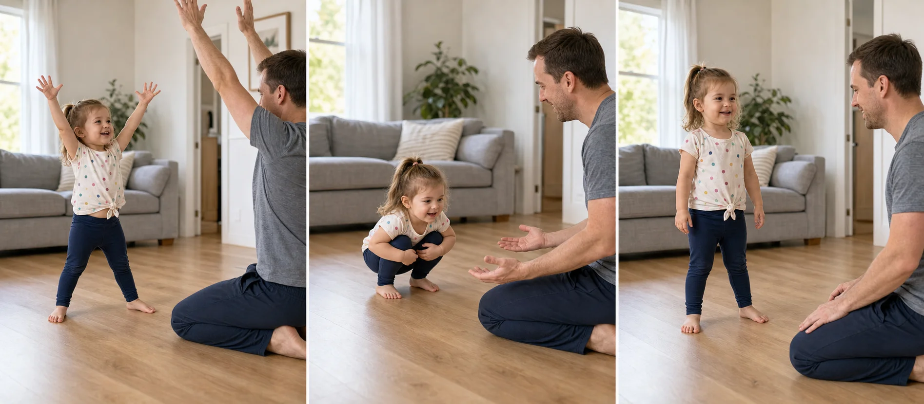 Three-panel sequence showing a child reaching tall, making a small ball, and standing back up to repeat.