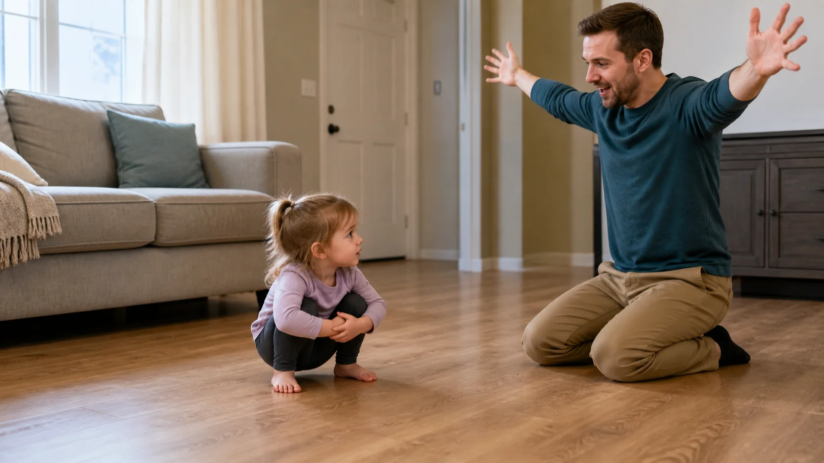 Child reaching arms up tall, then crouching into a small ball on a clear indoor floor.